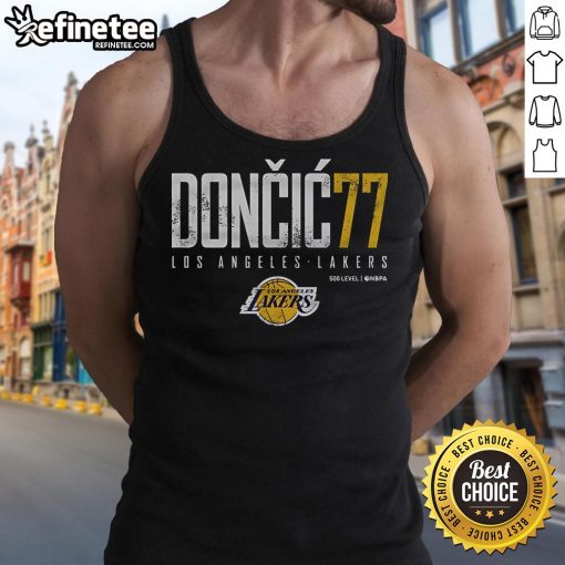 Official Luka Doncic 77 Los Angeles Lakers tank top featuring vibrant graphics and comfortable fit for fans.
