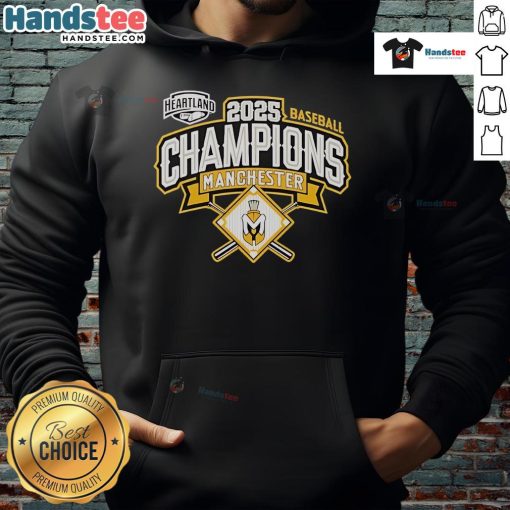 Official Manchester Spartans 2025 Baseball Conference Champions hoodie, showcasing team logo and vibrant colors.