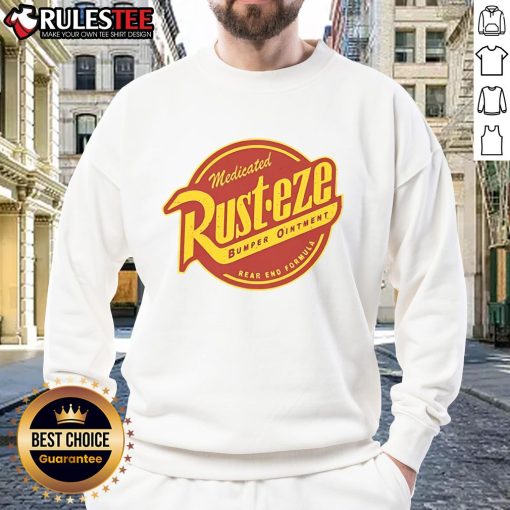 Alt Text: Official Medicated Rust-Eze Bumper Ointment sweatshirt in vibrant colors, perfect for fans of the beloved Cars movie series.