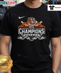 Official Medicine Hat Tigers WHL Champions 2025 T-Shirt featuring team logo and vibrant colors for fans and supporters.