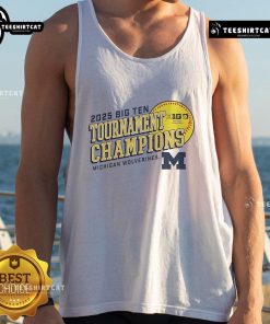Official Michigan Wolverines 2025 Big Ten Softball Tournament Champions Next Batter Tank Top in blue and maize colors.
