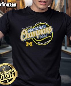 Official Michigan Wolverines 2025 NCAA Women's Tennis National Champions T-Shirt featuring team colors and logo.