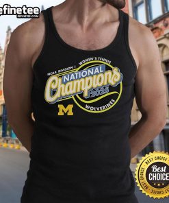 Official Michigan Wolverines 2025 NCAA Women's Tennis National Champions tank top featuring team colors and logo.