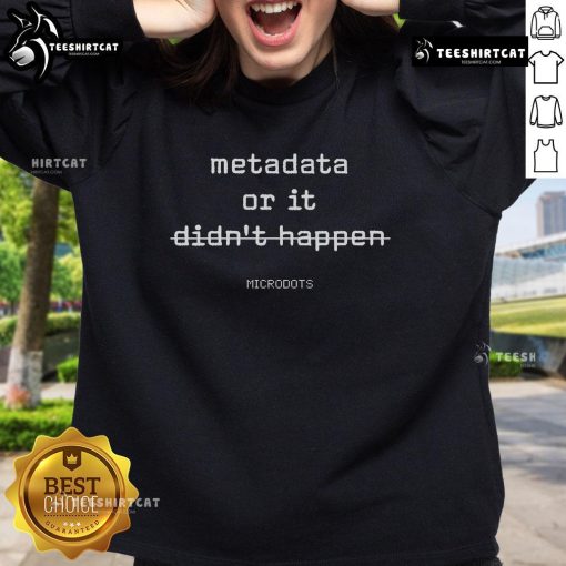 Official Microdots Metadata Or It Didnt Happen Sweatshirt in black with bold white text, perfect for casual wear.