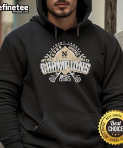 Official Midshipmen 2025 Patriot League Women's Lacrosse Tournament Champions Hoodie in navy blue with team logo.