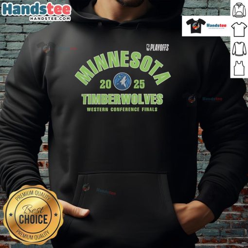Official Minnesota Timberwolves 2025 NBA Playoffs Western Conference Finals hoodie featuring team logo and colors.