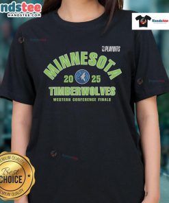 Official Minnesota Timberwolves 2025 NBA Playoffs Western Conference Finals ladies tee, showcasing team colors and logo.