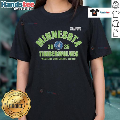 Official Minnesota Timberwolves 2025 NBA Playoffs Western Conference Finals ladies tee, showcasing team colors and logo.