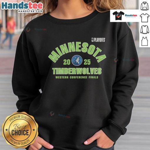 Official Minnesota Timberwolves 2025 NBA Playoffs Western Conference Finals sweatshirt in black with logo design.