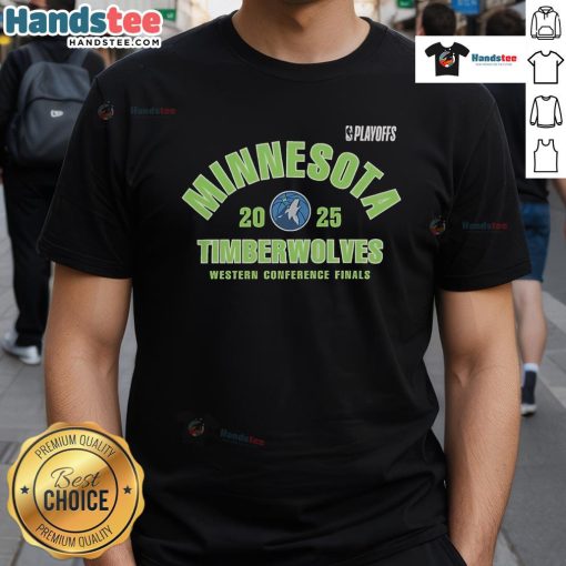 Official Minnesota Timberwolves 2025 NBA Playoffs Western Conference Finals T-Shirt featuring team colors and logo.