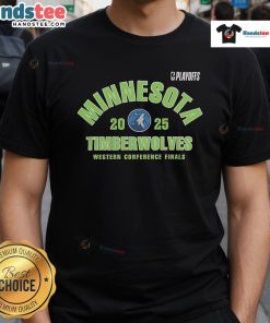 Official Minnesota Timberwolves 2025 NBA Playoffs Western Conference Finals T-Shirt featuring team colors and logo.