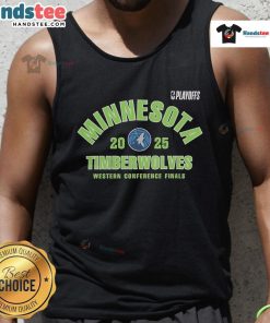 Official Minnesota Timberwolves 2025 NBA Playoffs Western Conference Finals tank top featuring team logo and colors.