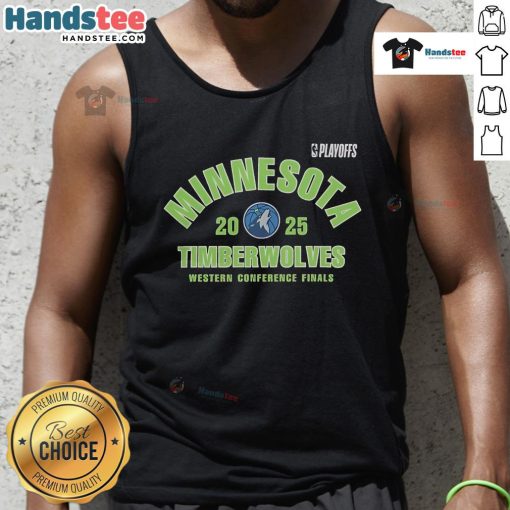 Official Minnesota Timberwolves 2025 NBA Playoffs Western Conference Finals tank top featuring team logo and colors.