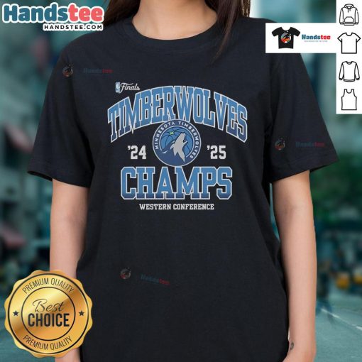 Alt Text: Official Minnesota Timberwolves NBA Finals 2024-2025 Pride Western Conference Champions ladies tee design.