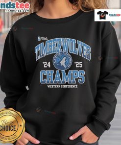 Alt Text: Official Minnesota Timberwolves NBA Finals 2024-2025 sweatshirt celebrating Western Conference Champions pride.