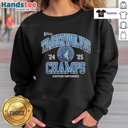 Alt Text: Official Minnesota Timberwolves NBA Finals 2024-2025 sweatshirt celebrating Western Conference Champions pride.