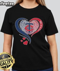 Alt Text: Official Minnesota Twins It's In My DNA heart ladies tee featuring team colors and stylish design for fans.