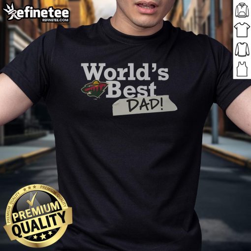 Official Minnesota Wild World's Best Dad T-Shirt featuring team colors and logo, perfect for proud dads and hockey fans.
