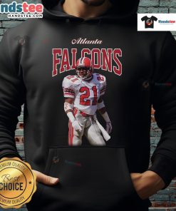 Official Mitchell & Ness Deion Sanders black Atlanta Falcons sideline retired player hoodie featuring team logo and design.