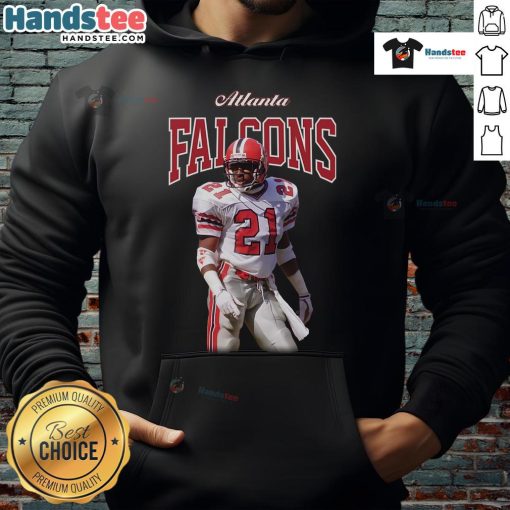 Official Mitchell & Ness Deion Sanders black Atlanta Falcons sideline retired player hoodie featuring team logo and design.
