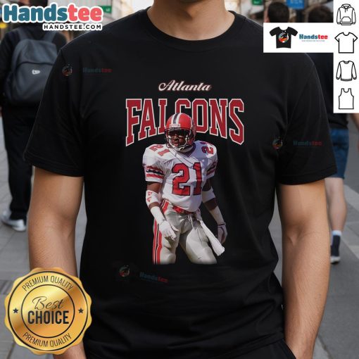 Alt Text: Official Mitchell & Ness Deion Sanders Black Atlanta Falcons Sideline Retired Player T-Shirt with team logo design.