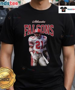 Alt Text: Official Mitchell & Ness Deion Sanders Black Atlanta Falcons Sideline Retired Player T-Shirt with team logo design.