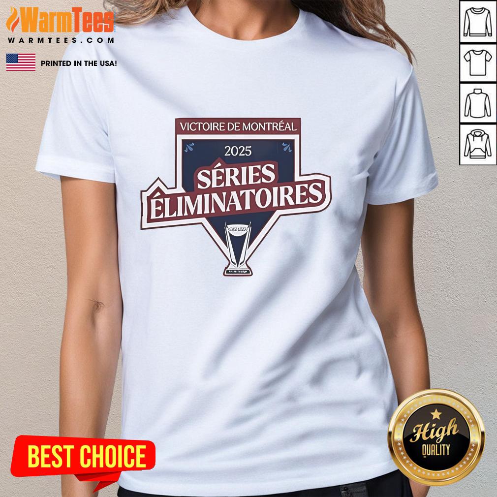 Official Montreal Victoire 2025 Series Eliminatoires Ladies Tee Alt Text: Official Montreal Victoire 2025 Series Eliminatoires Ladies Tee featuring vibrant design and comfortable fit.