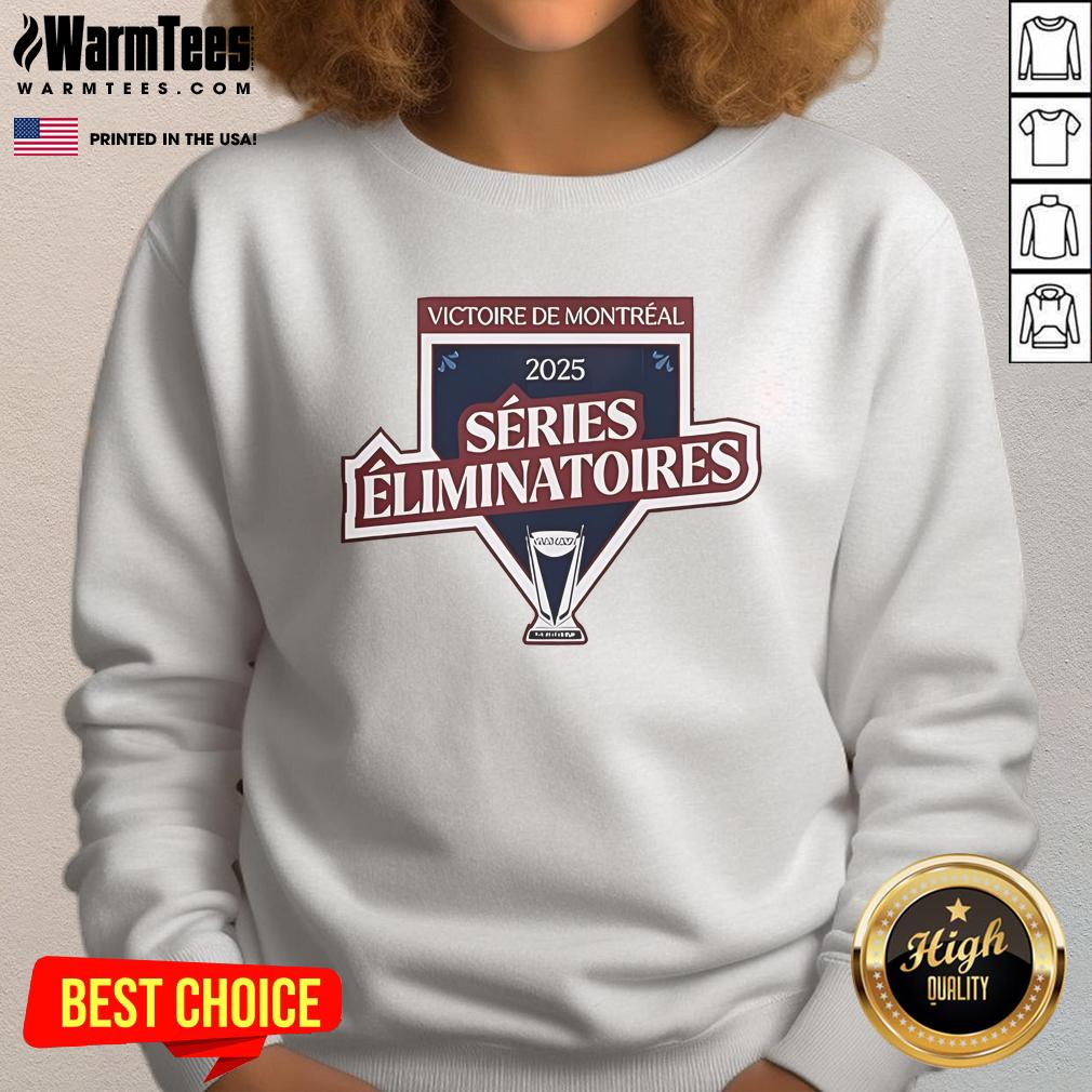 Official Montreal Victoire 2025 Series Eliminatoires Sweatshirt Alt Text: Official Montreal Victoire 2025 Series Eliminatoires sweatshirt displayed on a wooden background, showcasing team pride.