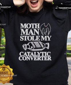 Official Mothman Stole My Catalytic Converter Sweatshirt in black, featuring a whimsical Mothman graphic design.