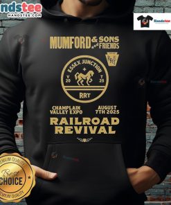 Alt Text: Mumford and Sons 2025 Railroad Revival Tour hoodie displayed at Champlain Valley Expo in Burlington.