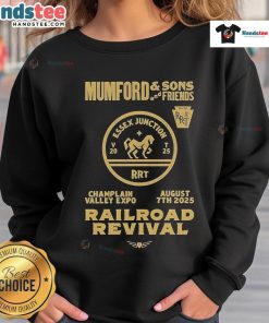 Official Mumford and Sons 2025 Railroad Revival Tour sweatshirt at Champlain Valley Expo in Burlington.