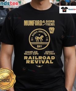 Official Mumford And Sons 2025 Railroad Revival Tour T-Shirt from Burlington at Champlain Valley Expo, featuring vibrant design.