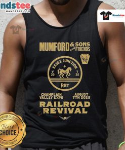 Alt Text: Official Mumford and Sons 2025 Railroad Revival Tour tank top featuring Burlington Champlain Valley Expo design.