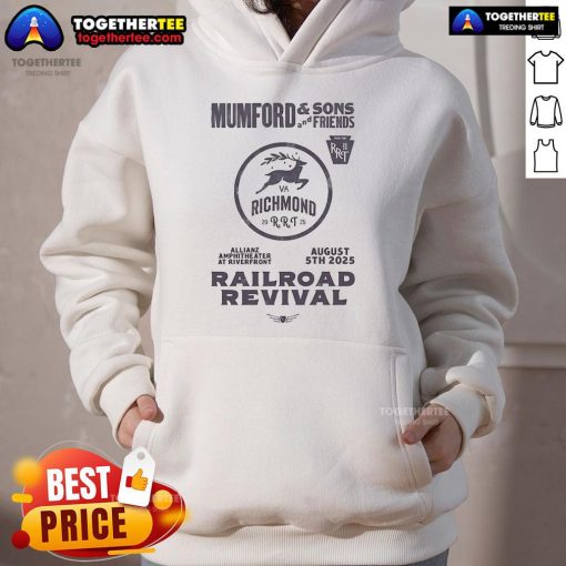 Alt Text: Official Mumford and Sons 2025 Railroad Revival Tour hoodie featuring concert details for Richmond, VA at Allianz Amphitheatre.
