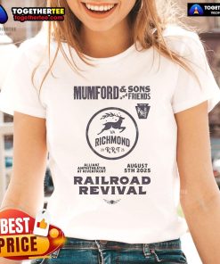 Official Mumford and Sons 2025 Railroad Revival Tour Ladies Tee design featuring concert details from Richmond, VA.