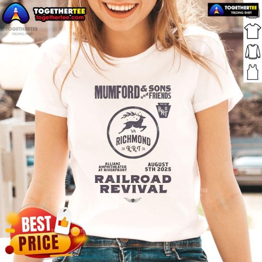 Official Mumford and Sons 2025 Railroad Revival Tour Ladies Tee design featuring concert details from Richmond, VA.