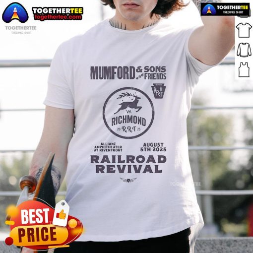 Official Mumford and Sons 2025 Railroad Revival Tour T-shirt from the Richmond VA concert at Allianz Amphitheatre.