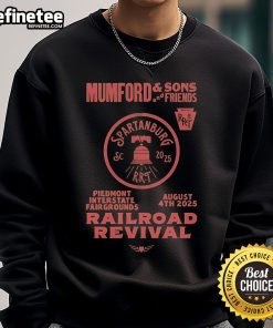 Alt Text: Official Mumford and Sons 2025 Railroad Revival Tour sweatshirt at Piedmont Fairgrounds, Spartanburg, SC.