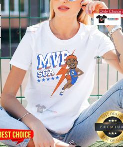 Caricature of SGA in Oklahoma City Thunder gear, celebrating MVP status for the 2025 playoffs on a ladies' tee.