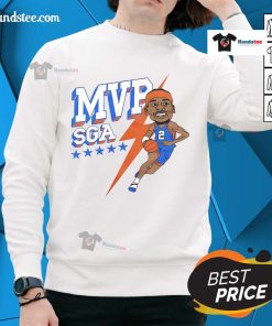 Official MVP SGA Playoffs 2025 Oklahoma City Thunder caricature sweatshirt featuring vibrant team colors and playful design.