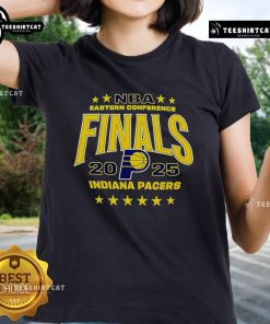 Alt Text: 2025 NBA Eastern Conference Finals Indiana Pacers ladies tee, featuring team colors and logo, perfect for fans.