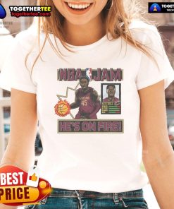 Official NBA Jam Cavaliers Donovan Mitchell Ladies Tee featuring vibrant team colors and player graphics for fans.