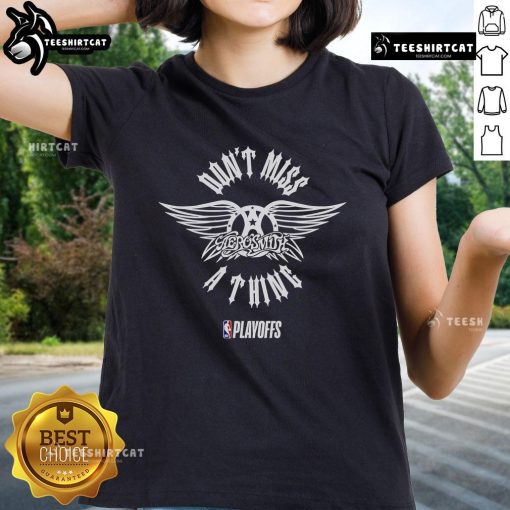 Official NBA Playoffs X Aerosmith Don't Miss A Thing Ladies Tee featuring vibrant graphics for sports and music fans.