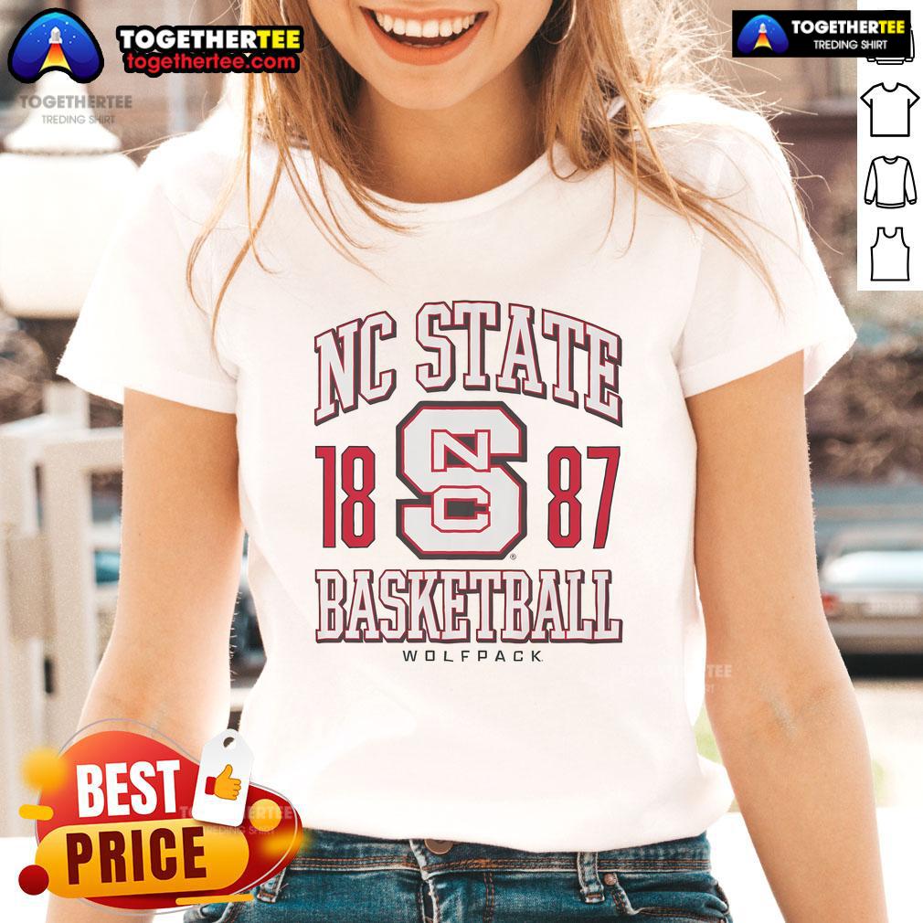 Official Nc State Wolfpack Basketball 1887 Ladies Tee Alt Text: Official NC State Wolfpack Basketball 1887 ladies tee featuring team logo and vibrant red color, perfect for fans.