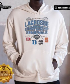 Alt Text: Official NCAA Division II Men's Lacrosse Championship Semifinals 2025 hoodie featuring team logos and vibrant colors.