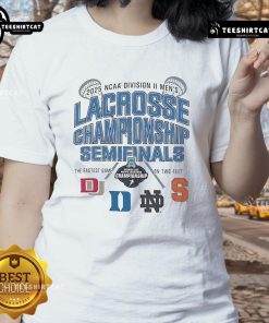 Alt Text: Official NCAA Division II Men's Lacrosse Championship Semifinals 2025 Ladies Tee featuring team logos and vibrant design.