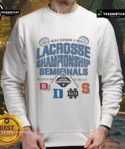 Official NCAA Division II Men's Lacrosse Championship Semifinals 2025 sweatshirt featuring team logos and event details.