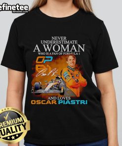 Alt Text: Official tee featuring 'Never Underestimate A Woman Who Is A Fan Of Formula 1 And Loves Oscar Piastri' design.