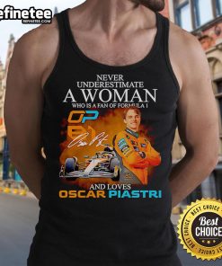 Official tank top featuring 'Never Underestimate A Woman Who Is A Fan Of Formula 1 And Loves Oscar Piastri' design.