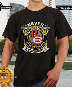 Alt Text: Official Never Underestimate The Power Of Cincinnati Sports T-Shirt featuring bold text and vibrant team colors.